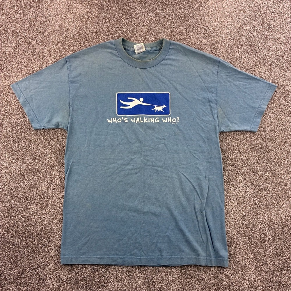 Vintage Dog Walker Shirt Mens Large Blue Cotton Graphic Who's Walking Who Funny